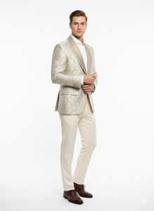 Men’s Champaign Silver and Cream Embroidered Luxury Blazer – Floral Pattern Wedding & Party Dinner Jacket in Light Tan Color