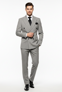 Men’s Grey and Black Pinstripe Double-Breasted Suit – 1920s Gangster Vintage Looking suit By Rossiman
