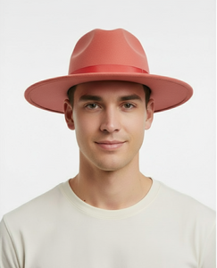 Men’s Coral Pink Wide Brim Fedora Hat – Wool Felt Dress Hat with Red Ribbon Band