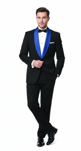 Men’s Black Tuxedo with Royal Blue Shawl Lapel | Modern Formal Dinner Jacket Suit + Pants for Weddings, Proms