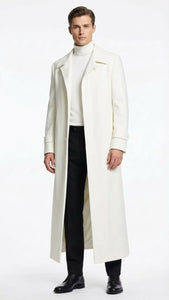 Mens Off-White Long Trench Coat – Overcoat with Classic Clean Design Duster Maxi Coat in Ivory Color