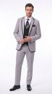 Mens Black and White Pinstripe Wedding Tuxedo Suit – Three Piece Formal Suit Set with Contrast Trim for Groom, Prom - Seersucker Summer Suit