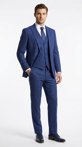 Men’s Cobalt Blue 3 Piece Suit – Indigo Light Blue Pinstripe Formal Suit with Vest for Wedding, Business Modern Fit Two buttons
