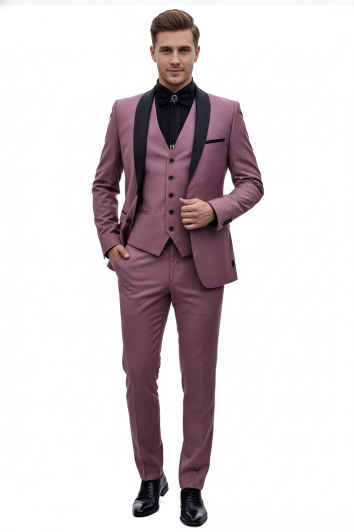 Men's Rose Pink Tuxedo Suit – Luxury Three-Piece Formal Wear with Black Satin Lapel Dusty Mauve Color