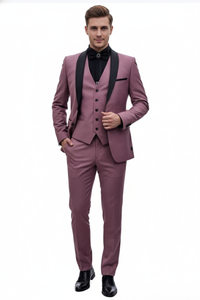 Men's Rose Pink Tuxedo Suit – Luxury Three-Piece Formal Wear with Black Satin Lapel Dusty Mauve Color