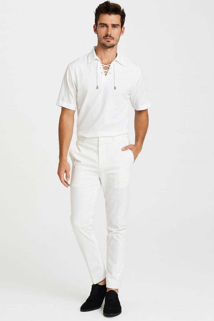 Men’s White Lace-Up Renaissance Shirt – Linen Fabric Short Sleeve Casual Pirate Peasant Top