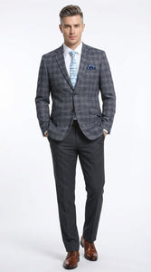 Mens Charcoal Gray with Blue Plaid Pattern Blazer Jacket – Classic Check Pattern Sport Coat for Business, Office, and Smart Casual Wear