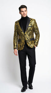 Mens Black and Gold Pattern Blazer – Gold Floral Luxury Formal Blazer Jacket for Prom, Wedding and Party Slim Fitted