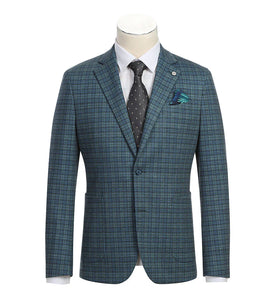 Half Canvas Slim Fit Blazer in Green Blue Check