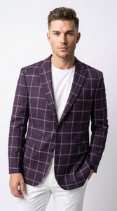 Men's Purple Windowpane Sport Coat – Classic Fit Plaid Blazer Jacket for Business, Wedding & Casual Wear