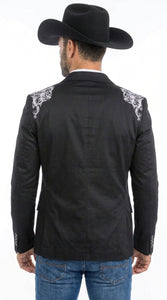 Men’s Black & White Western Blazer – Cowboy Sport Coat with Embroidered Shoulder & Back Design