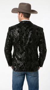 Men’s Black Sequin Western Blazer – Embroidered Cowboy Tuxedo Jacket with Rhinestone Lapels
