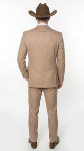 Men’s Khaki Tan Plaid Western Cowboy 3-Piece Suit – Texture Plaid windowpane Blazer, Vest & Pants