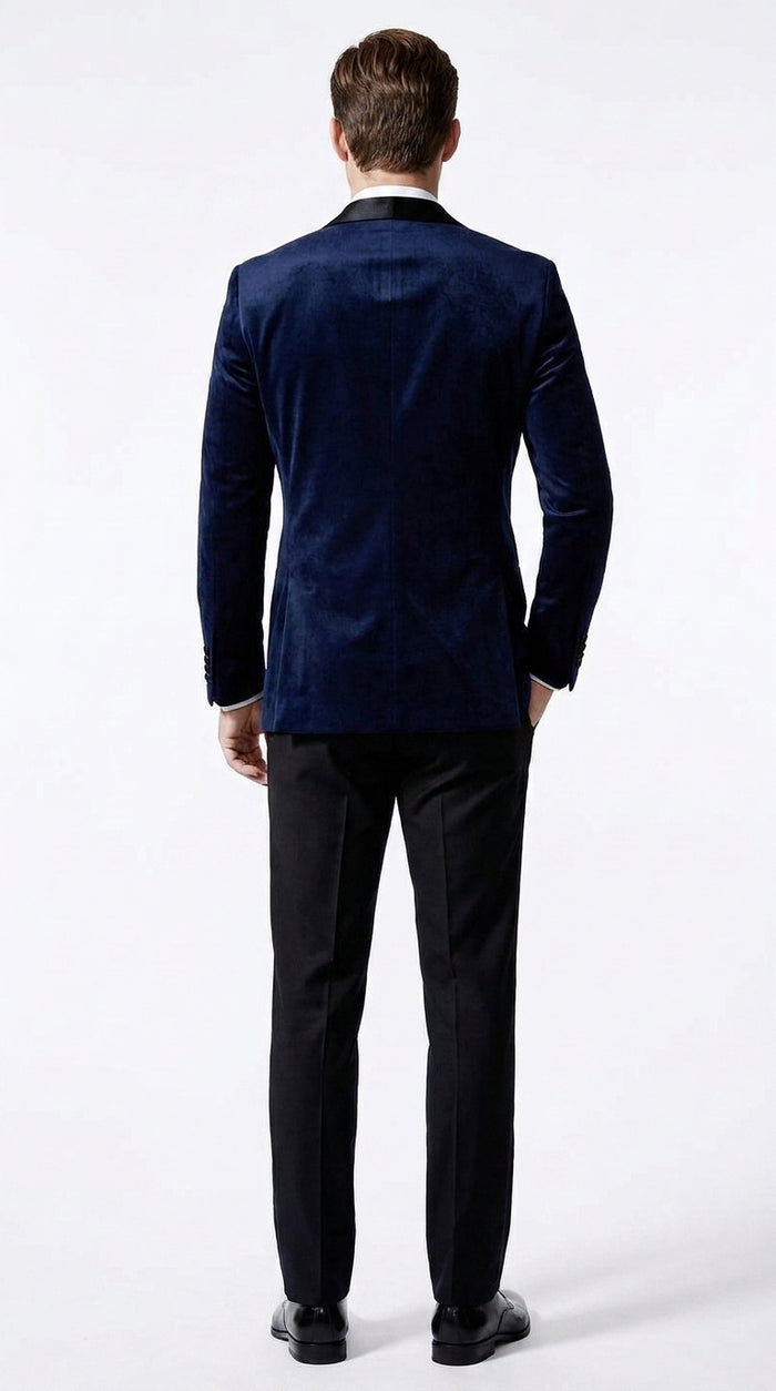Men’s James Bond Inspired Navy Blue Tuxedo – Black Shawl Lapel Wedding & Prom Suit