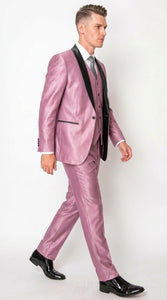 Men’s Shiny Mauve Pink 3 Piece Tuxedo – Wedding & Prom Suit with Black Shawl Lapel