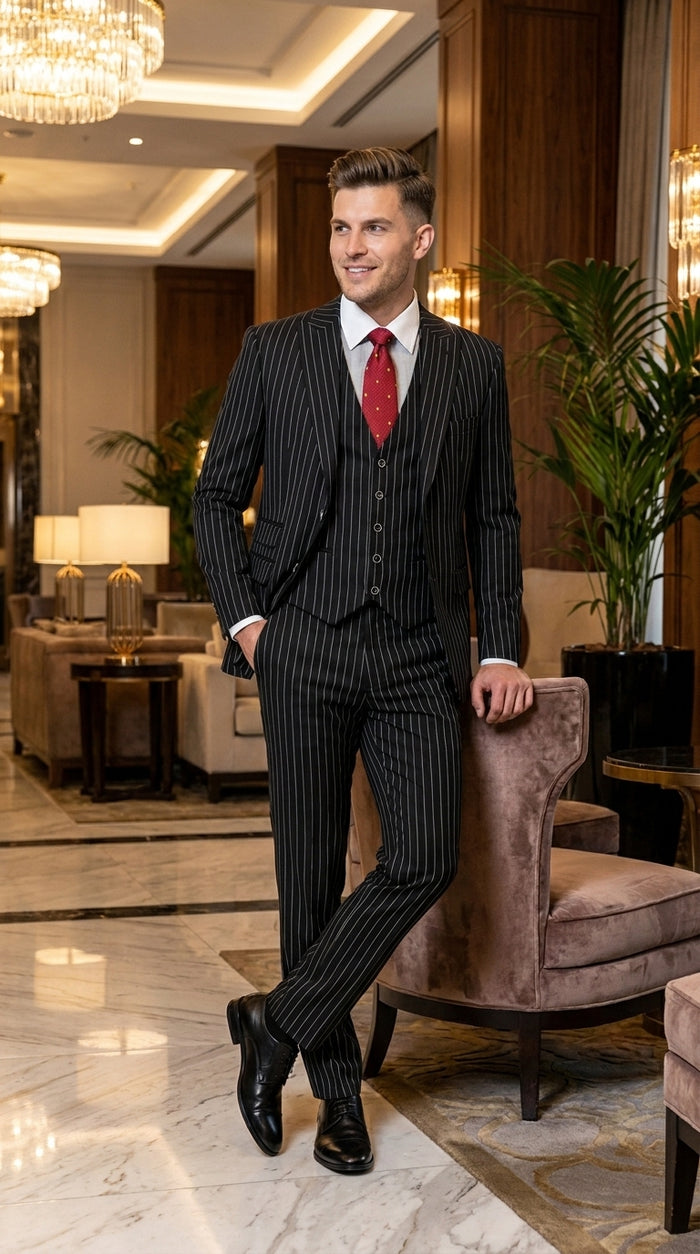 Men’s Beetlejuice Black Pinstripe 3 Piece Suit – Vintage Gothic Halloween Costume Suit