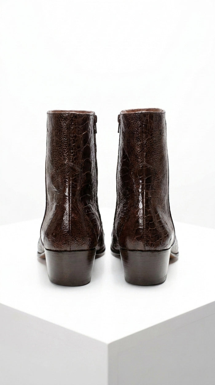 Men’s Brown Cuban Heel Boots – Exotic Ostrich Leg & Ostrich Quill Pointed Toe Dress Boots By Los Altos