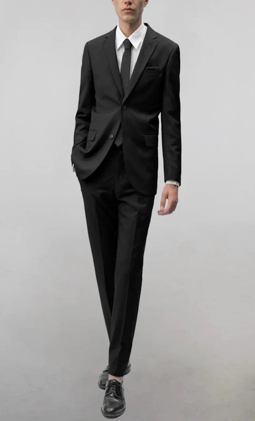 Mens Black Notched Lapel 2-Button Suit Slim Fit Double back Vent