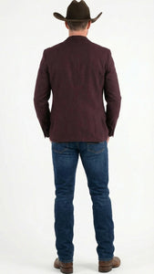 Men’s Burgundy Western  Blazer Jacket, Textured Cowboy Style Sport Coat for  - Tweed Herringbone Maroon Colo