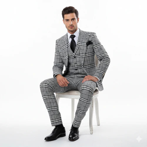 Suits With Baggy Pleated Pants - Wide Leg Pants 100% Wool - Classic Fit in One Button 3 Piece Suit by Rossiman