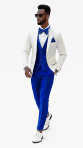 White and Royal Blue Tuxedo Wedding Suit - White Dinner Jacket + Vest + Pants + Bow-tie