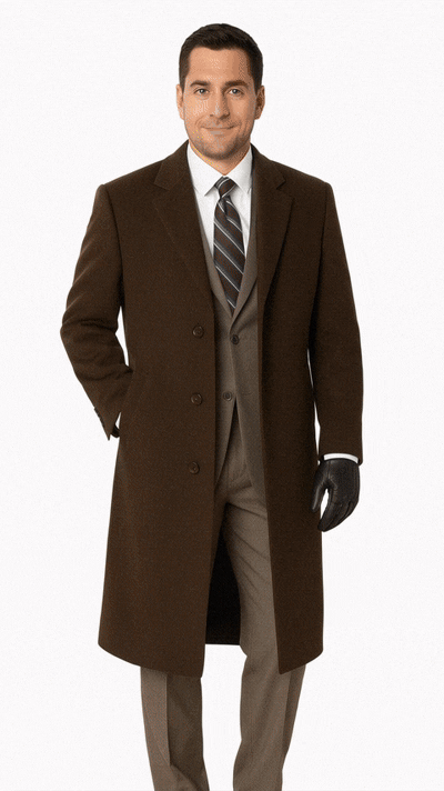 Men's Dress Coat Long Wool Winter Dress Knee Length Men's Overcoat Coat Reg: $1495 Luxurious High-Quality 10% Cashmere Premium Top Coat Brown