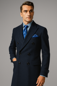 "Men's Navy Wool Peacoat – Double Breasted 3/4 Length Overcoat"
