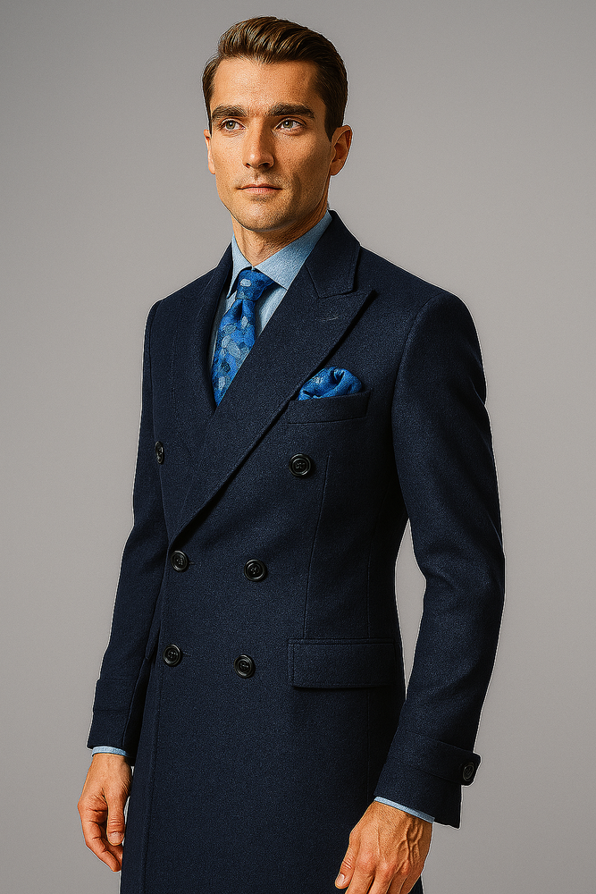 "Men's Navy Wool Peacoat – Double Breasted 3/4 Length Overcoat"