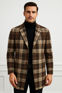 Plaid Wool Overcoat – Brown & Camel Mixed Color Topcoat
