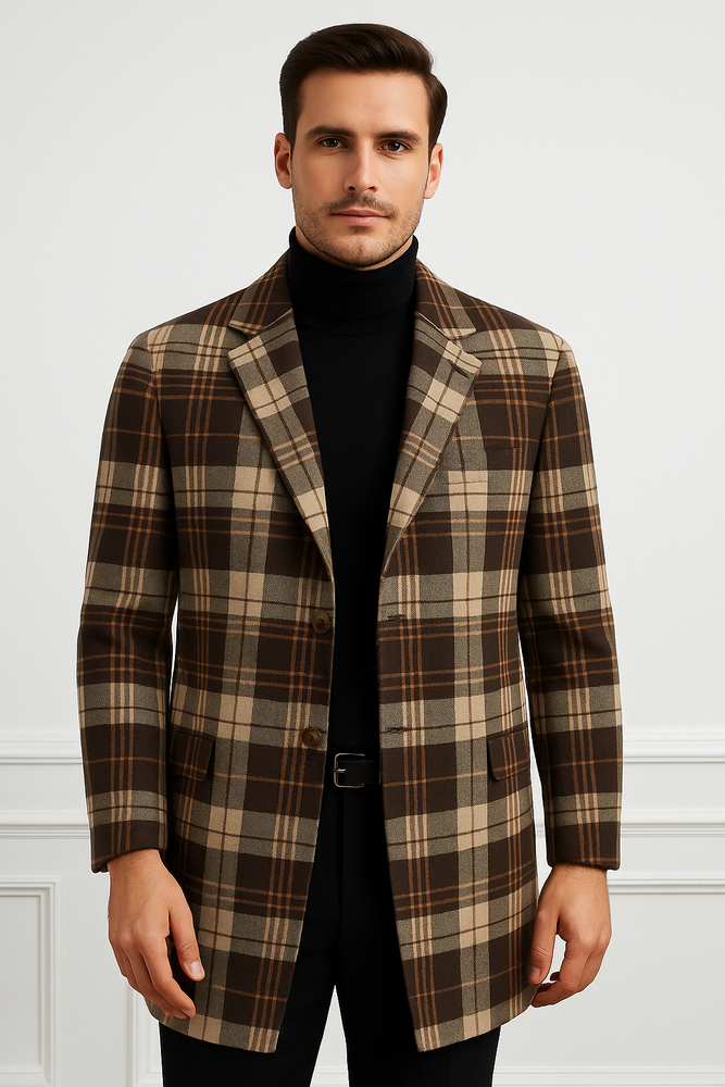 Plaid Wool Overcoat – Brown & Camel Mixed Color Topcoat