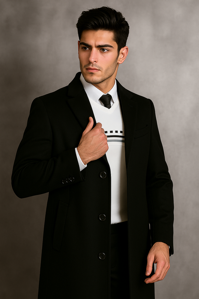 Men's Black Wool Overcoat – Big & Tall Dress Topcoat in Dark Color