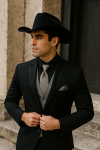 Men’s Black Western Tuxedo with Silver Vest & Cowboy Hat – Slim Fit