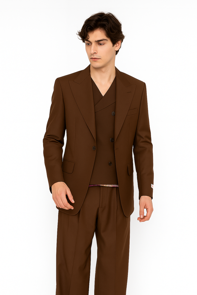 Tiglio Rosso Suit  - Classic Fit Athletic Cut 100% Wool Super 150s Italian Fabric Peak Lapel in Color Brown