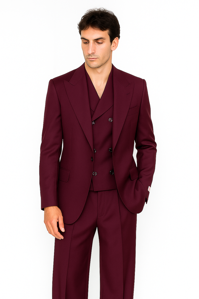 Tiglio Rosso Suit  - Classic Fit Athletic Cut 100% Wool Super 150s Italian Fabric Peak Lapel in Color Burgundy