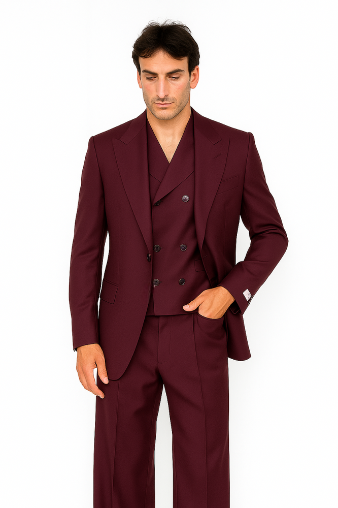 Tiglio Rosso Suit  - Classic Fit Athletic Cut 100% Wool Super 150s Italian Fabric Peak Lapel in Color Burgundy