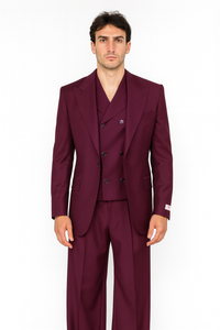 Tiglio Rosso Suit  - Classic Fit Athletic Cut 100% Wool Super 150s Italian Fabric Peak Lapel in Color Burgundy