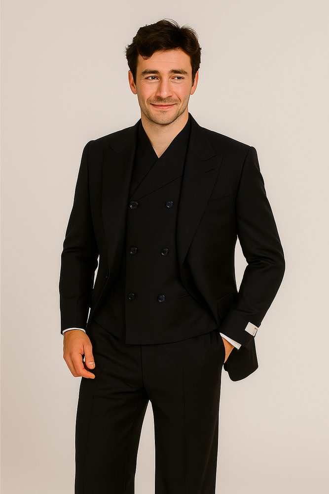 Tiglio Rosso Suit  - Classic Fit Athletic Cut 100% Wool Super 150s Italian Fabric Peak Lapel in Color Navy