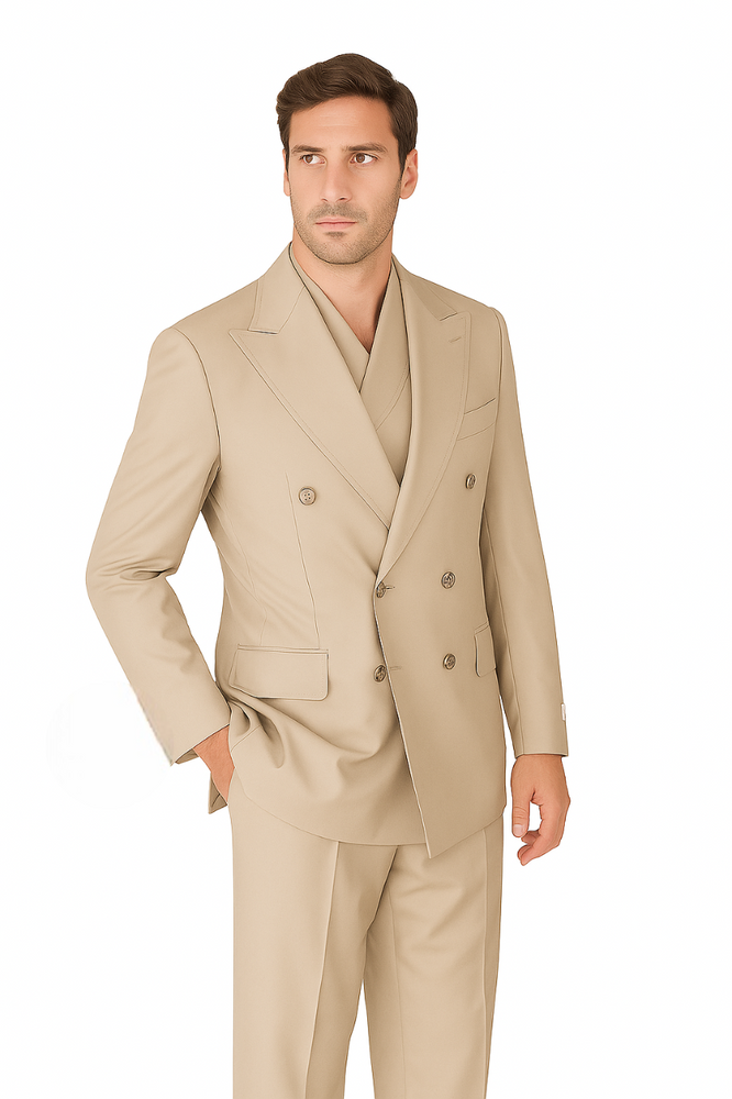 Tiglio Rosso Suit  - Classic Fit Athletic Cut 100% Wool Super 150s Italian Fabric Peak Lapel in Color Light Tan