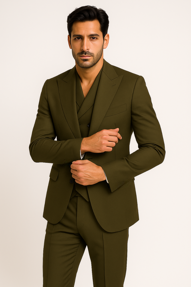 Tiglio Rosso Suit  - Classic Fit Athletic Cut 100% Wool Super 150s Italian Fabric Peak Lapel in Color Olive