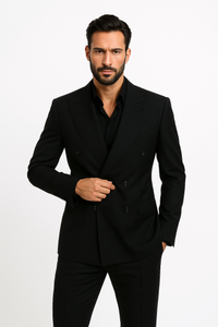 Tiglio Rosso Suit  - Classic Fit Athletic Cut 100% Wool Super 150s Italian Fabric Peak Lapel in Color Dark Black