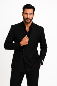 Tiglio Rosso Suit  - Classic Fit Athletic Cut 100% Wool Super 150s Italian Fabric Peak Lapel in Color Dark Black
