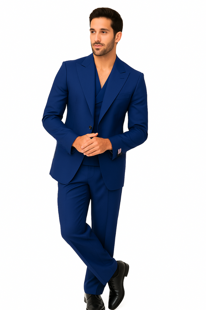 Tiglio Rosso Suit  - Classic Fit Athletic Cut 100% Wool Super 150s Italian Fabric Peak Lapel in Color Blue