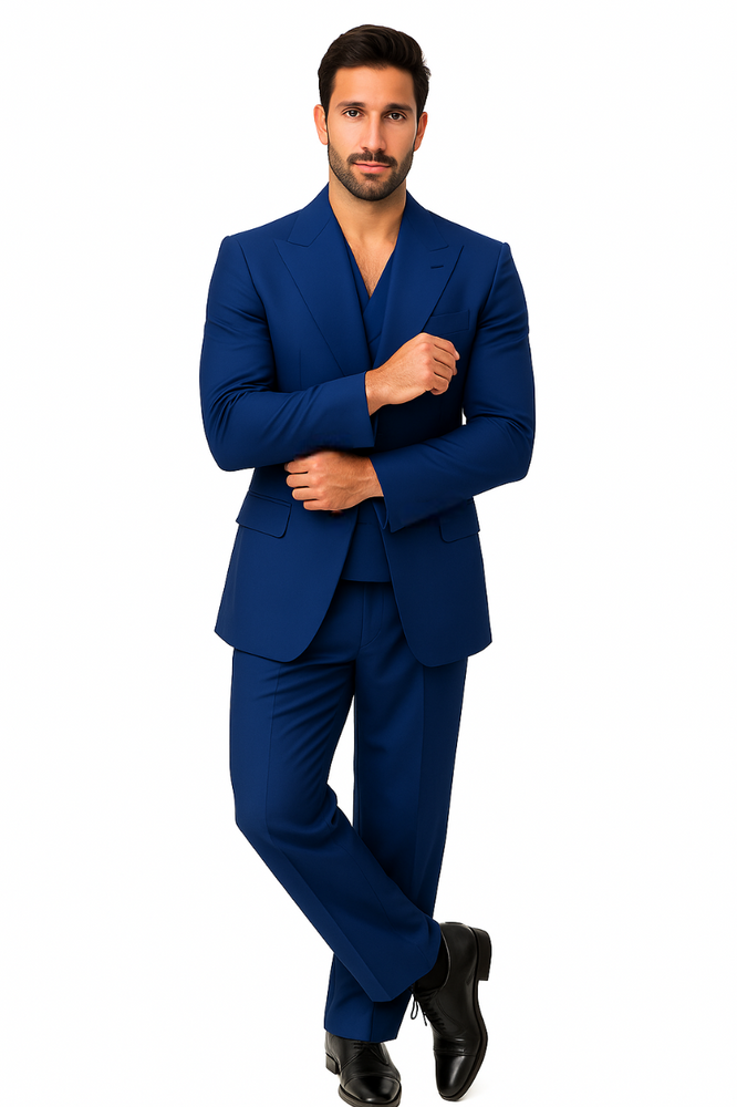 Tiglio Rosso Suit  - Classic Fit Athletic Cut 100% Wool Super 150s Italian Fabric Peak Lapel in Color Blue
