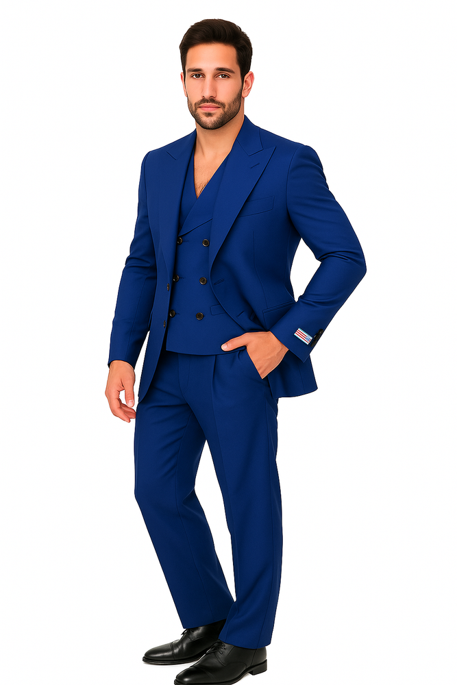 Tiglio Rosso Suit  - Classic Fit Athletic Cut 100% Wool Super 150s Italian Fabric Peak Lapel in Color Blue