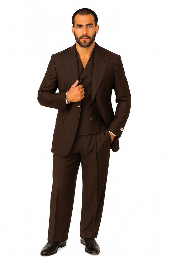 Tiglio Rosso Suit  - Classic Fit Athletic Cut 100% Wool Super 150s Italian Fabric Peak Lapel in Color Chocolate Brown