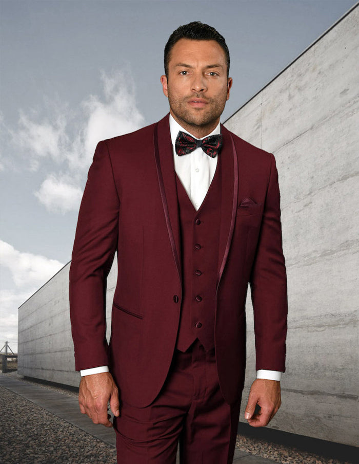 Maroon Prom Suit - Maroon Prom Tuxedo Suits - Maroon Wedding Tuxedo Mens Vested Shawl Lapel Tuxedo With Satin Trim in Burgundy