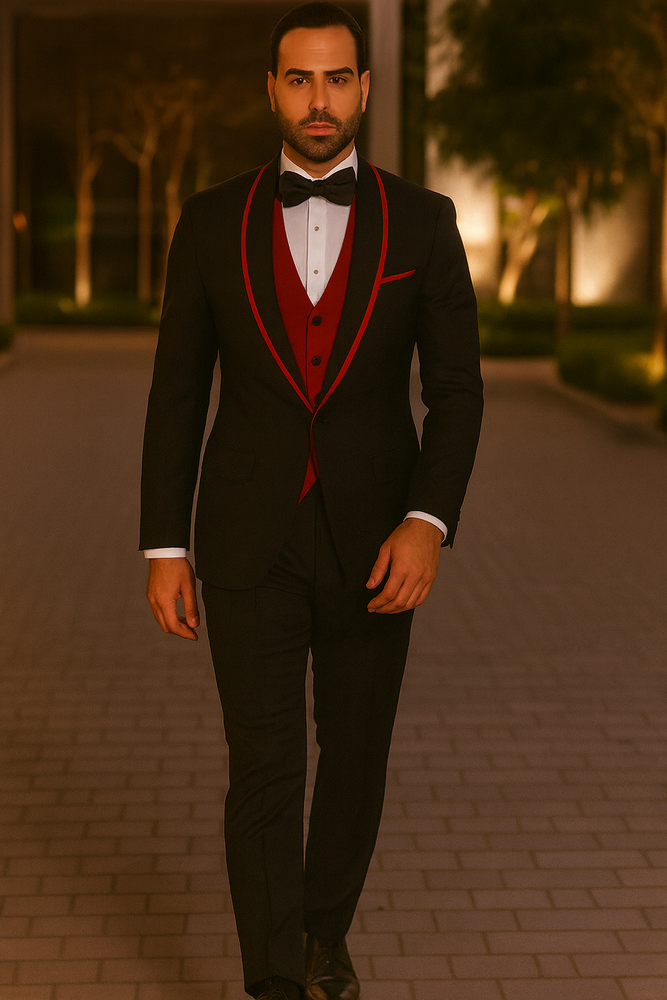 Statement Men's Black with Red Lapel Vested 100% Wool Tuxedo