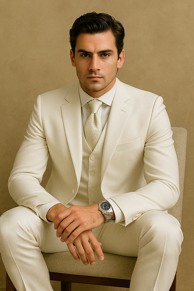 Mens Shiny Blazer - White Sateen Vested Suit