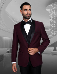Maroon Prom Suit - Maroon Prom Tuxedo Suits - Maroon Wedding Tuxedo Mens Vested Wool Shawl Lapel Tuxedo in Burgundy