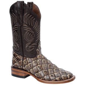 Men's White Diamonds Boots Fish Print Boots Square Toe